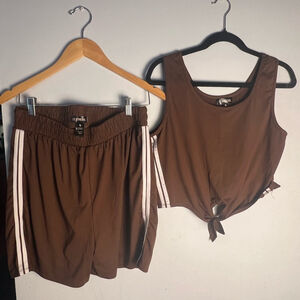 Feathers Brown Track Shorts and Knot Tie Top- Super Comfortable Lounge Cozy